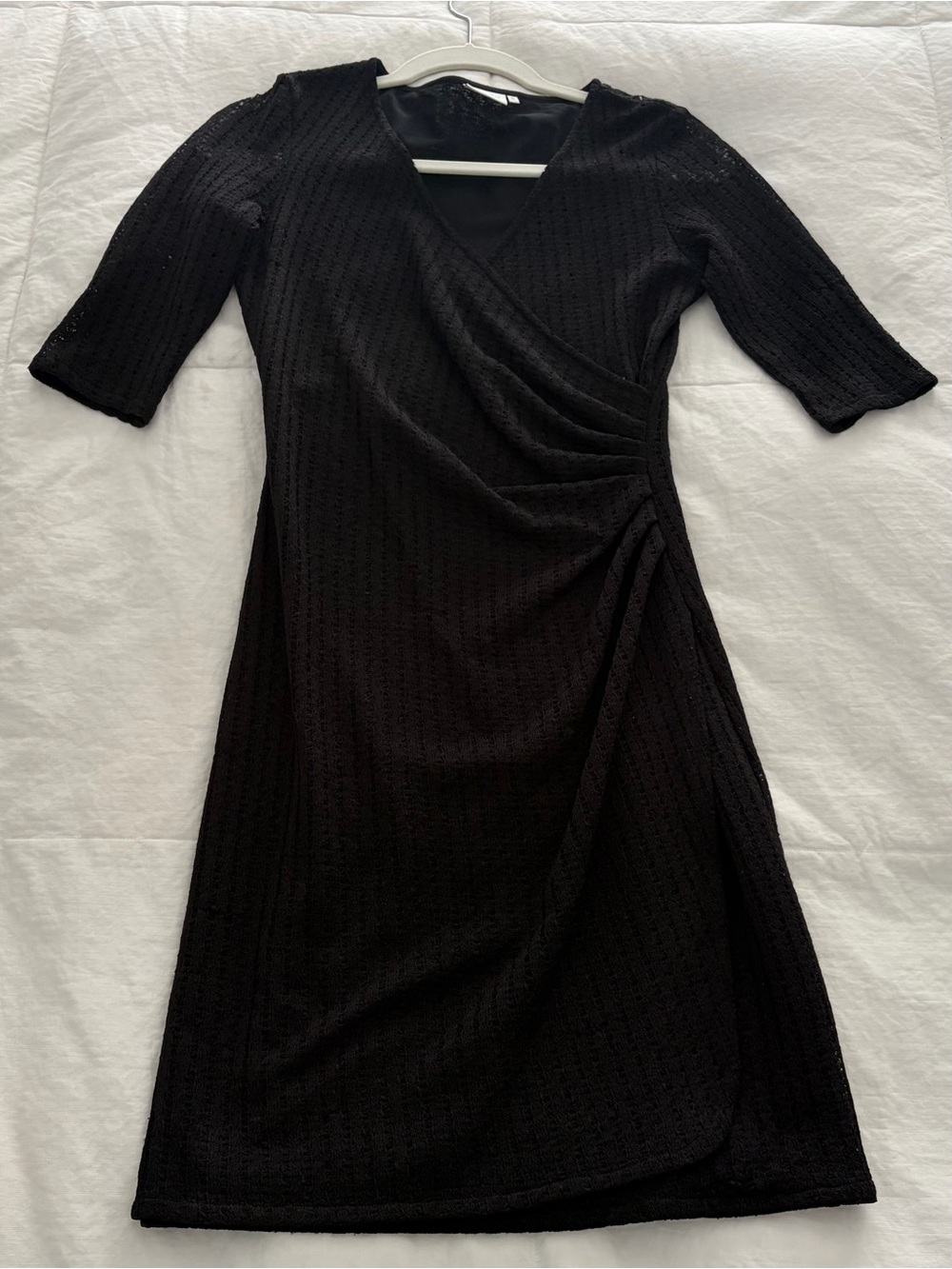 Black Wrap-Style Midi Dress with Side Draping